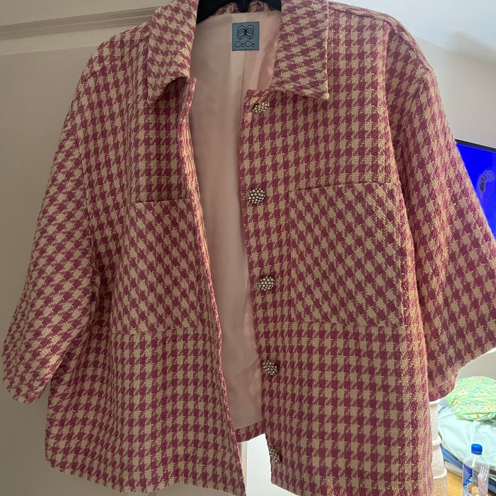 CeCe Pink and White Houndstooth Blazer